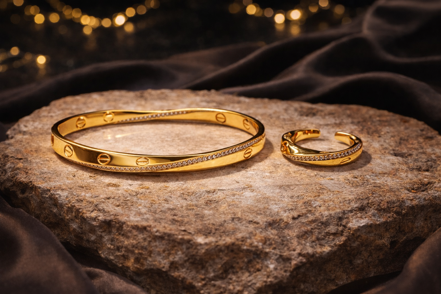 Gold bracelet and ring on a stone surface with a dark fabric background