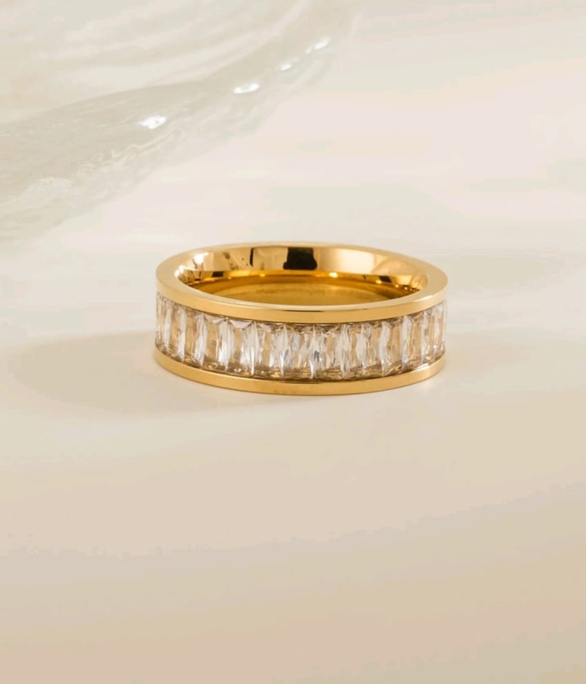 Anti Tarnish ring with diamond accents on a light background - Baguette Ring