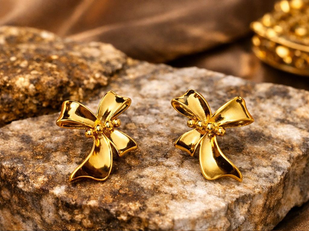 Gold bow-shaped earrings on a textured stone surface