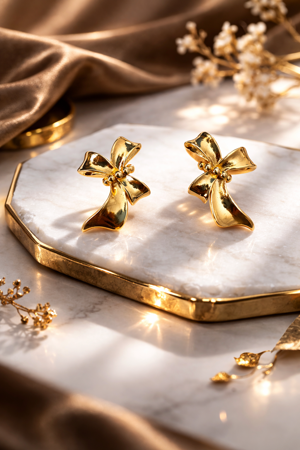 Gold bow-shaped earrings on a marble surface with a soft background