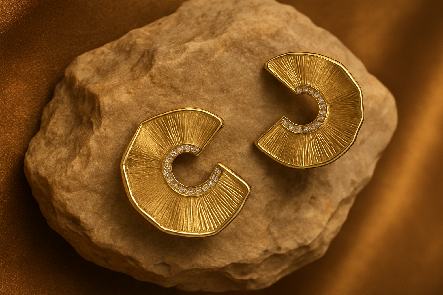 Gold spiral earrings on a textured stone surface