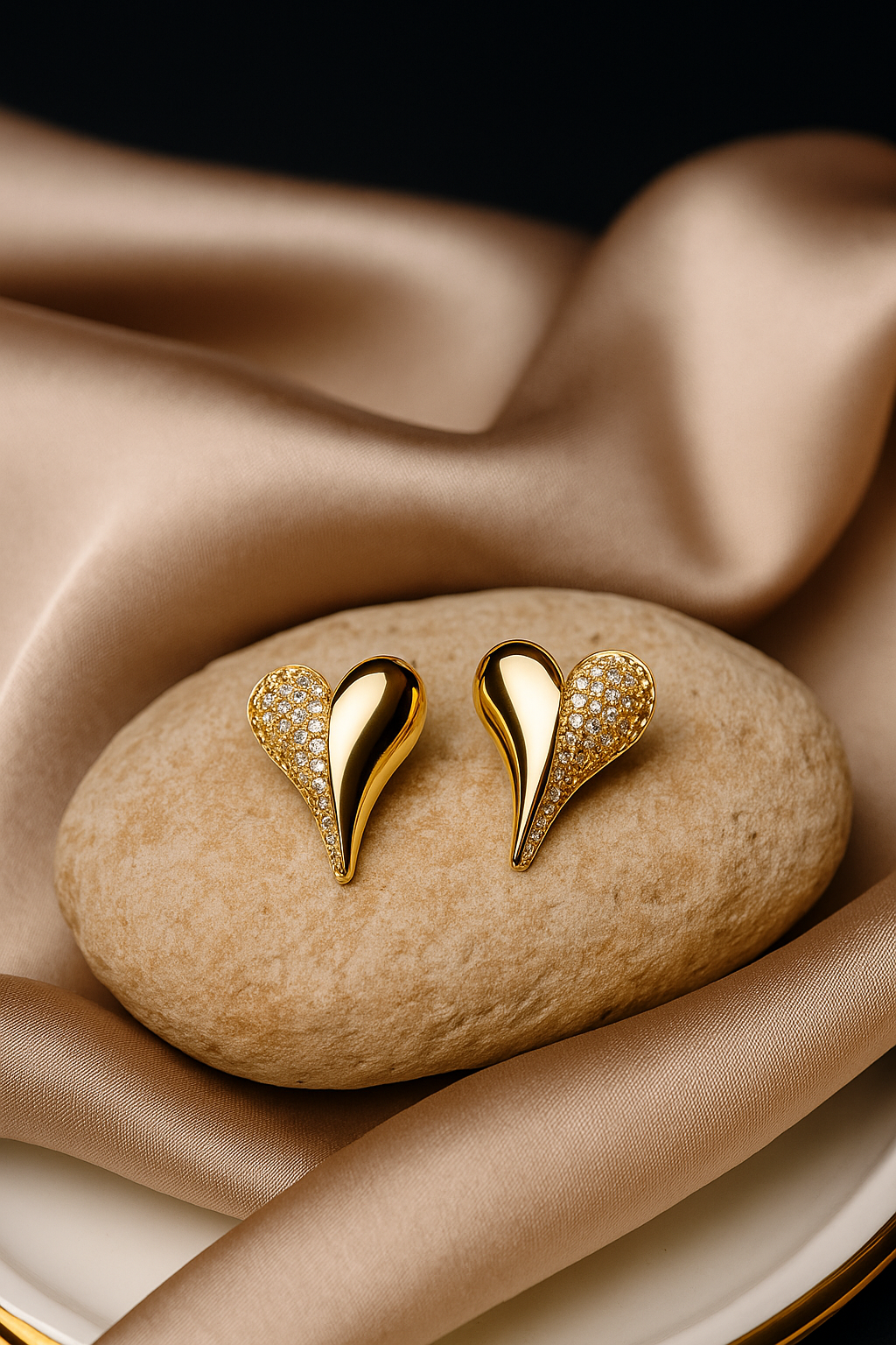 Gold heart-shaped earrings on a stone with beige fabric background