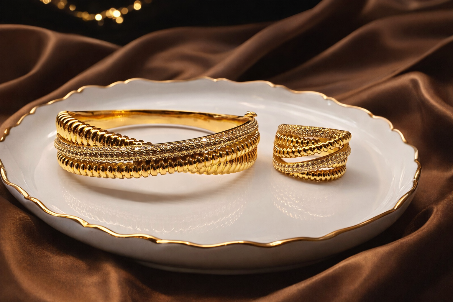 Gold bracelets on a white plate with a brown fabric background