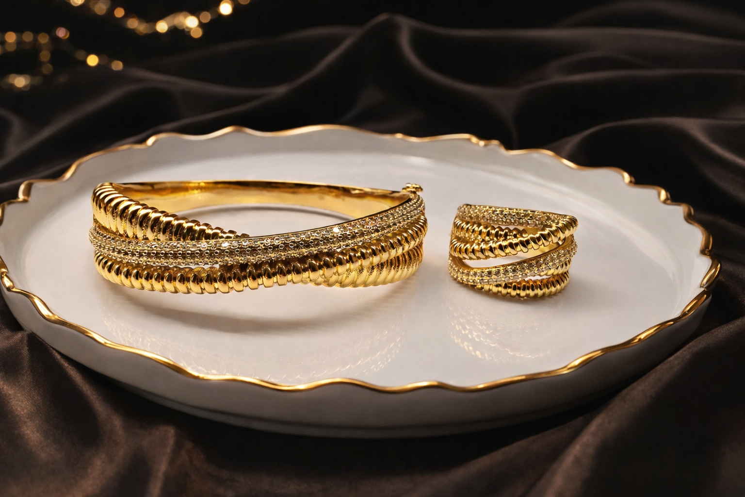 Gold bracelets on a white plate with a dark fabric background