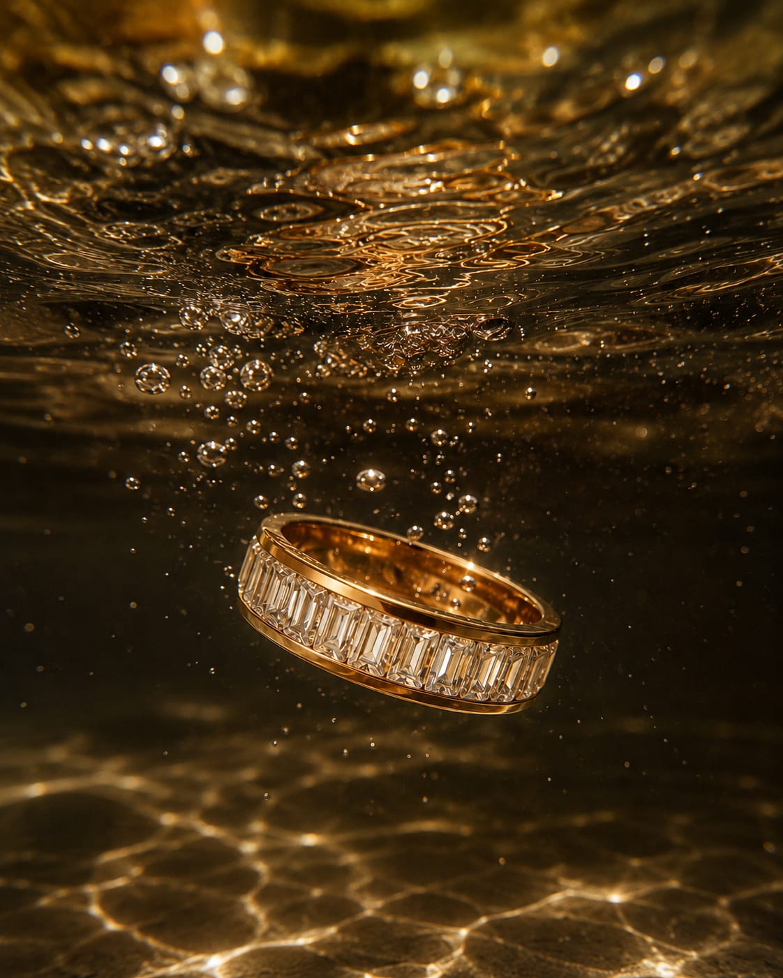 Anti Tarnish Tennis ring with diamonds submerged in water on a reflective surface