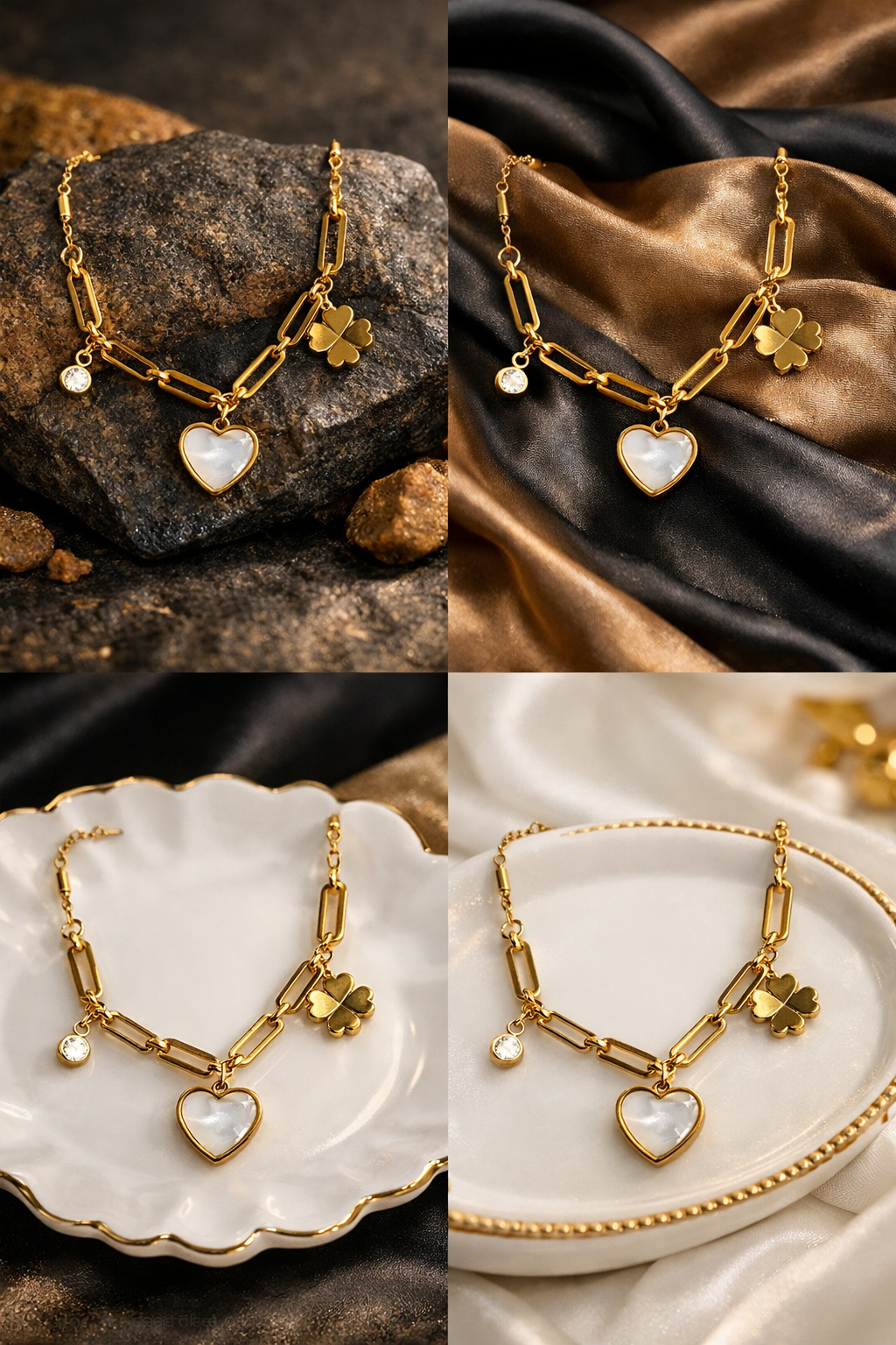 Gold necklace with heart and clover charms on a textured surface