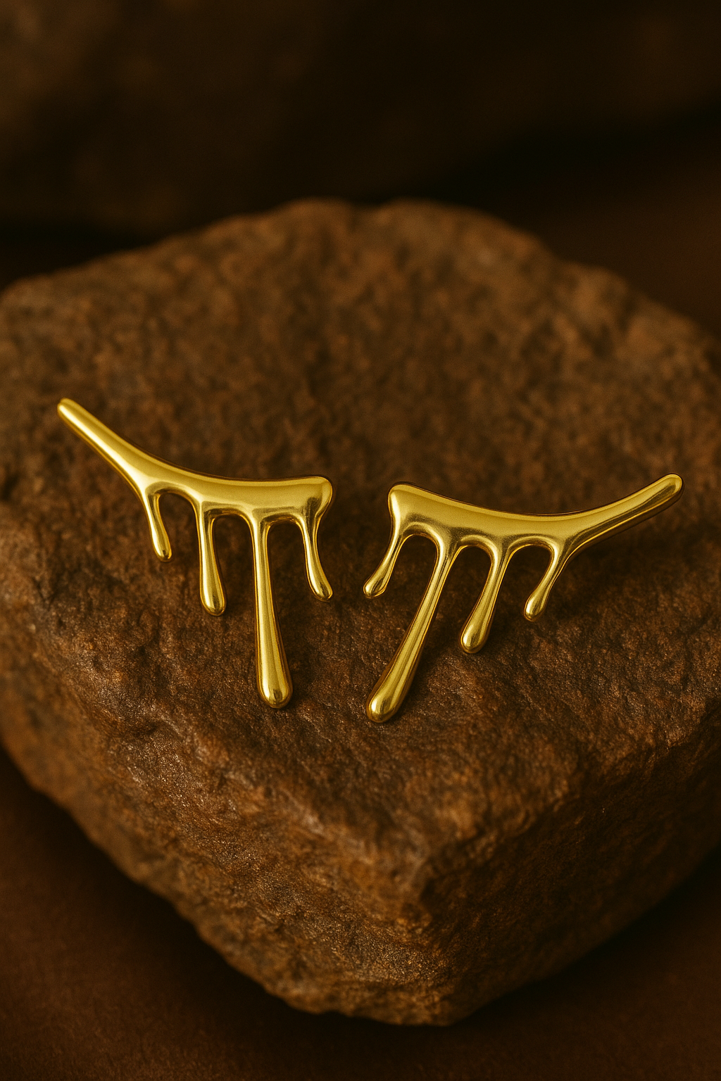 Gold melt earrings on a brown stone surface