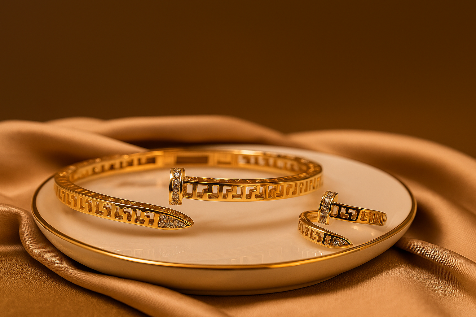 Gold bracelet & matching ring on a white dish with a brown fabric background