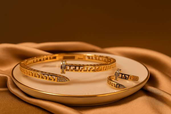 Gold bracelet & matching ring on a white dish with a brown fabric background