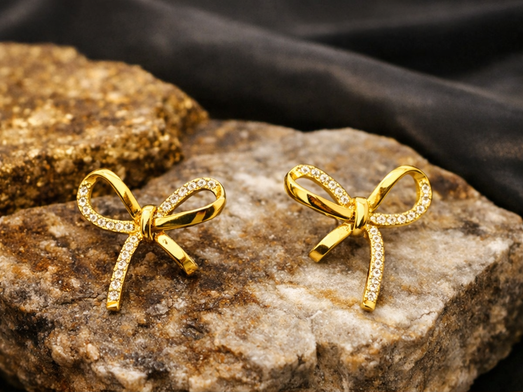 Gold bow-shaped earrings on a textured stone surface with a dark fabric background