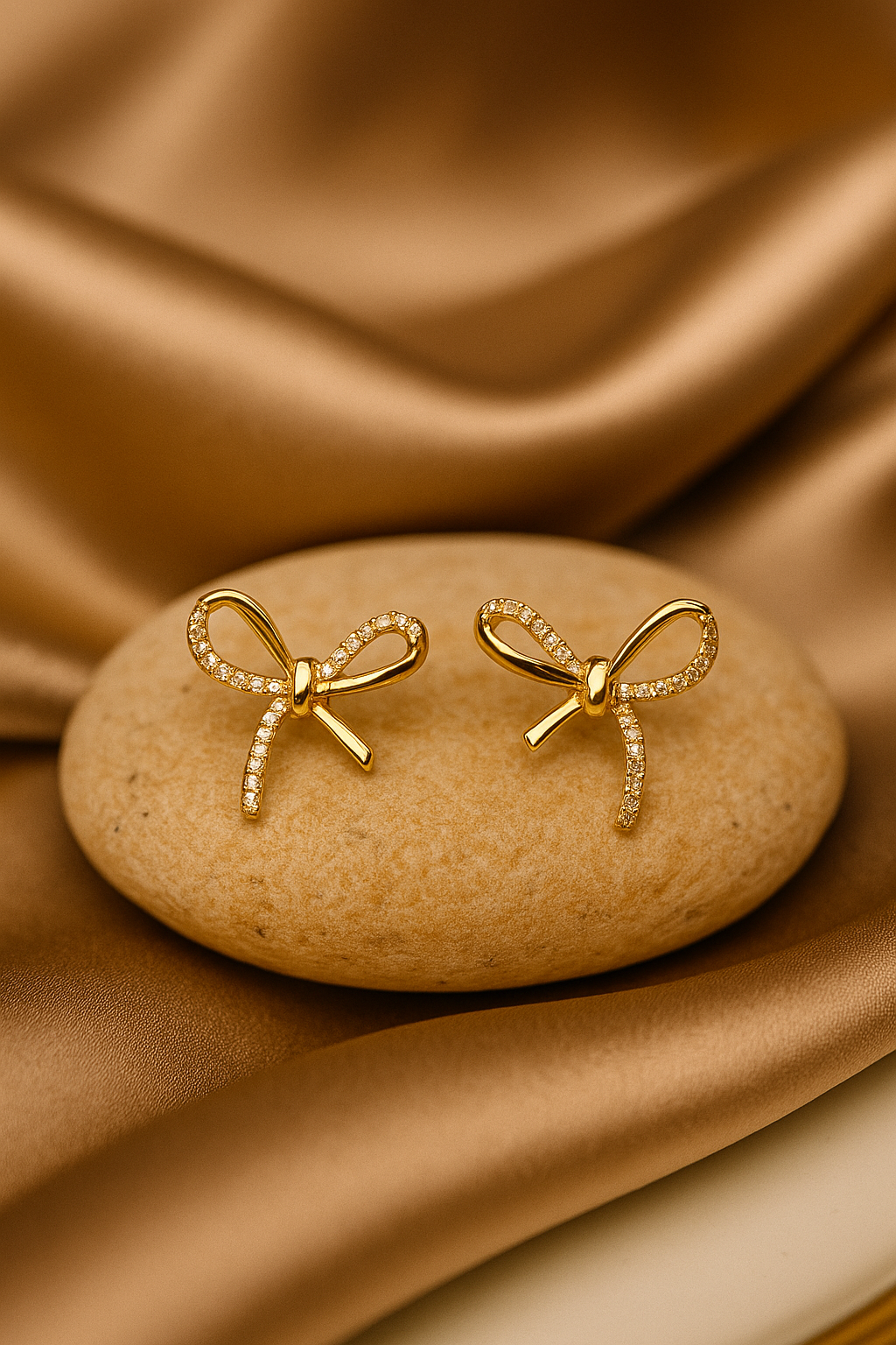 Gold bow-shaped earrings on a stone with a brown fabric background