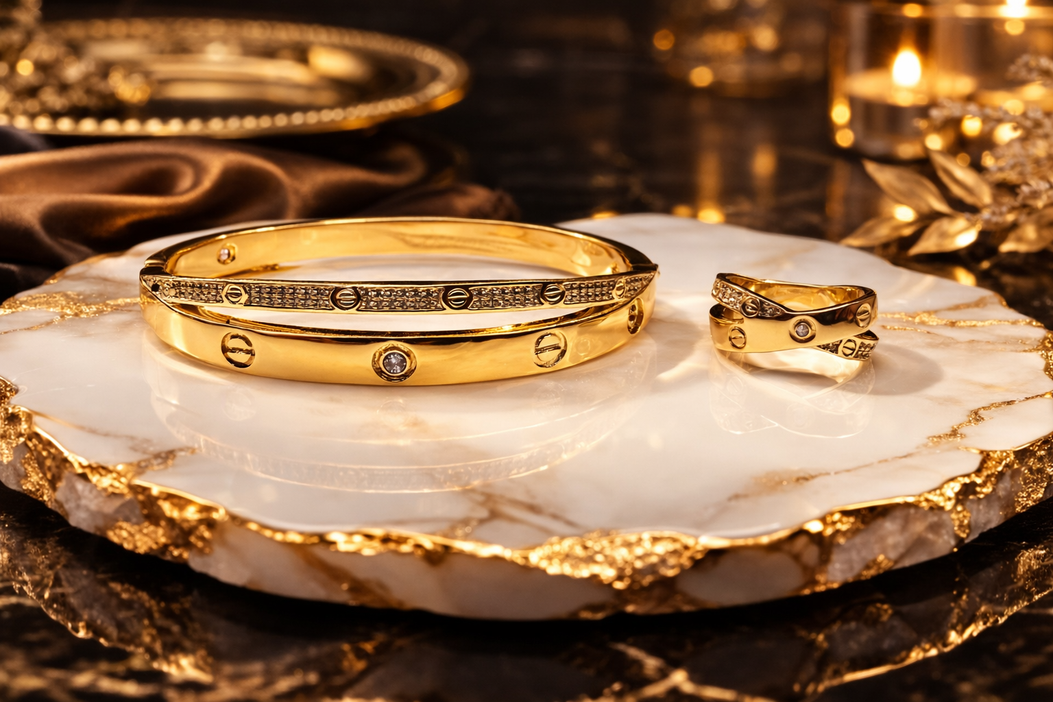 Gold cross bracelet and ring on a decorative plate with a warm, blurred background