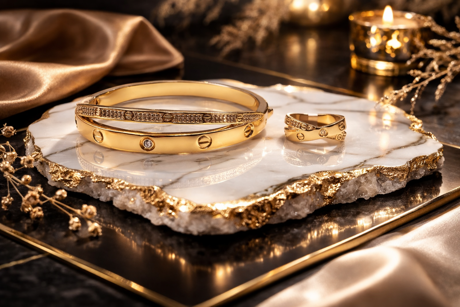 Gold cross bracelets and rings on a marble surface with decorative elements