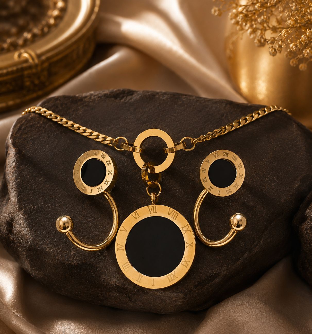 Romania Set - Black | Pendant Neck Chain & Earrings