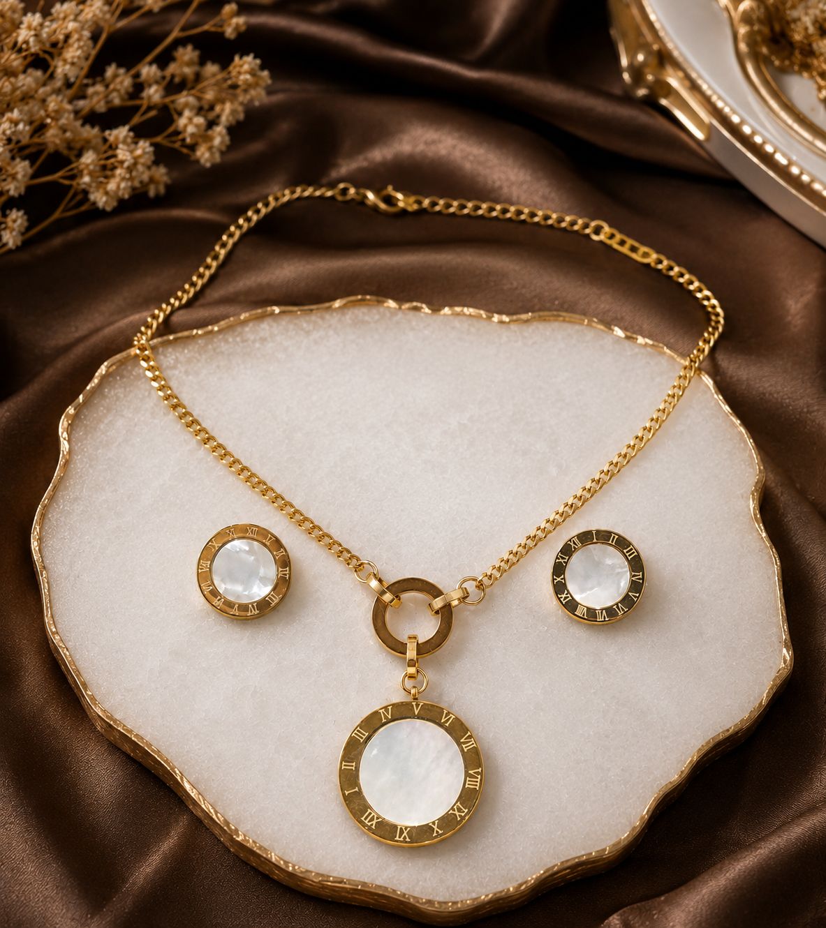 Romania Set - White | Pendant Neck Chain & Earrings